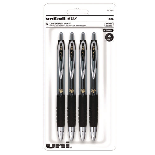 Image of uniball® Signo 207 Gel Pen, Retractable, Fine 0.5 mm, Black Ink, Smoke/Black Barrel, 4/Pack