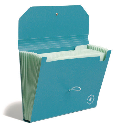 Image of U Brands U-Eco 13-Pocket Expandable File, 9.75" Expansion, 13 Sections; Button/Elastic Closure, 1/12-Cut Tabs, Letter Size, Ocean