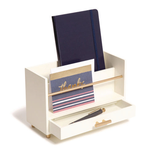 Image of U Brands Juliet Desk Organizer, 3 Compartments, 1 Drawer, 9.5" x 4.2" x 4.9", White/Gold, Wood/Metal