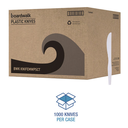 Image of Boardwalk® Mediumweight Polystyrene Cutlery, Knife, Plastic, White, 100/Box, 10 Boxes/Carton