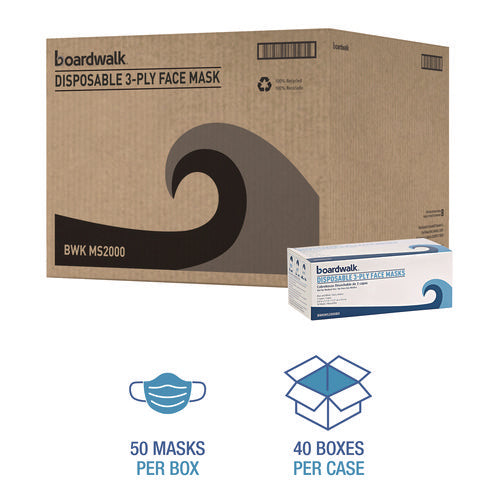 Image of Boardwalk® Three-Ply General Use Face Mask, Blue, 50/box, 40 Boxes/carton