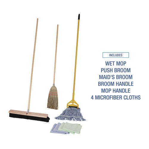 Image of Boardwalk® Cleaning Kit, Medium Blue Cotton/rayon/synthetic Head, 60" Natural/yellow Wood/metal Handle