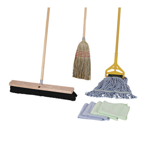 Image of Boardwalk® Cleaning Kit, Medium Blue Cotton/rayon/synthetic Head, 60" Natural/yellow Wood/metal Handle