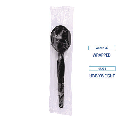 Image of Boardwalk® Heavyweight Wrapped Polystyrene Cutlery, Soup Spoon, Plastic, Black, 1,000/Carton