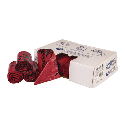 Image of Inteplast Group Institutional Low-Density Can Liners, Infectious Waste Biohazard, 10 gal, 1.3 mil, 24 x 23, Red, Interleaved, 25/RL, 10 RL/CT