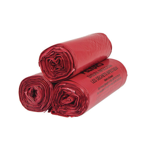 Image of Inteplast Group Institutional Low-Density Can Liners, Infectious Waste Biohazard, 33 gal, 1.3 mil, 33 x 39, Red, Interleaved, 25/RL, 6 RL/CT