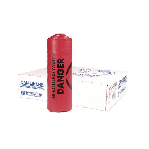 Image of Inteplast Group Institutional Low-Density Can Liners, Infectious Waste Biohazard, 33 gal, 1.3 mil, 33 x 39, Red, Interleaved, 25/RL, 6 RL/CT