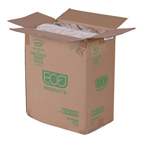 Image of Eco-Products® Vanguard Worldview Renewable and Compostable Sugarcane Take-Out Containers, 34.1 oz, 9 x 9 x 1.25, White, 400/Carton
