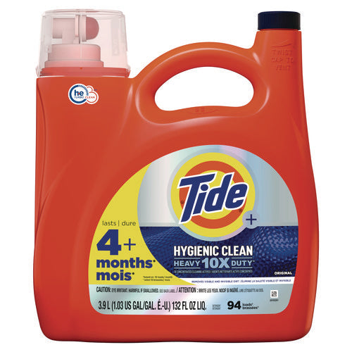 Image of Tide® Hygienic Clean Heavy 10x Duty HE Liquid Laundry Detergent, Original Scent, 132 oz Pour Bottle, 4/Carton