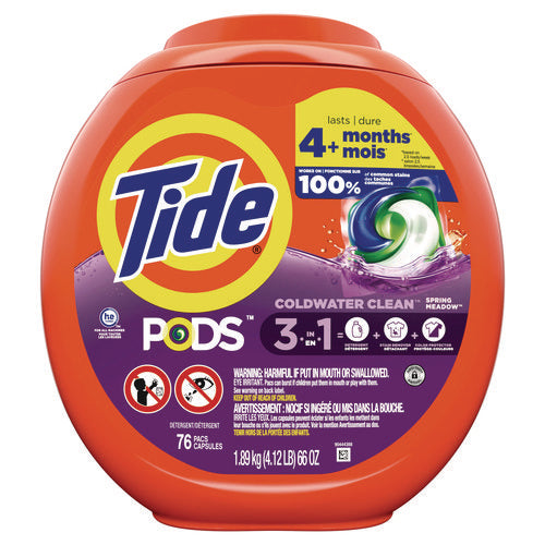 Image of Tide® PODS Laundry Detergent, HE Compatible, Spring Meadow, 66 oz Tub, 76 Pacs/Tub, 4 Tubs/Carton
