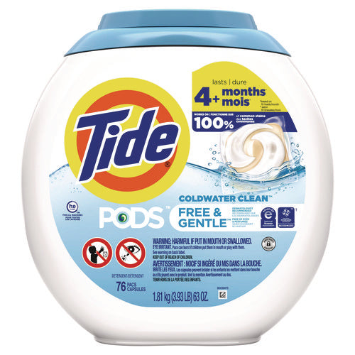 Image of Tide® PODS Laundry Detergent, Free and Gentle, HE Compatible, 63 oz Tub, 76 Pacs/Tub, 4 Tubs/Carton