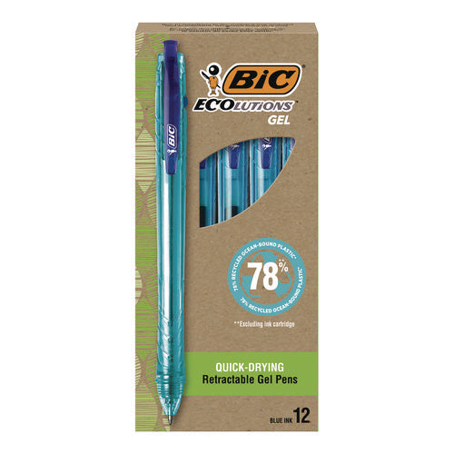 Image of BIC® Ecolutions Gel Pen, Retractable, Medium 1 mm, Blue Ink, Blue Barrel, 12/Pack