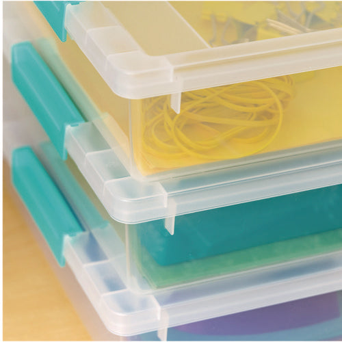 Image of IRIS Latch Lid Storage Box, 2.3 gal, 14 x 11 x 3.5, Clear Bin/Seafoam Latches