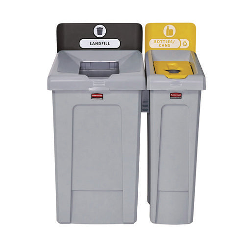 Image of Rubbermaid® Commercial Slim Jim Recycling Station Kit, 1-Stream Bottles and Cans, 23 gal, Plastic, Yellow/Gray
