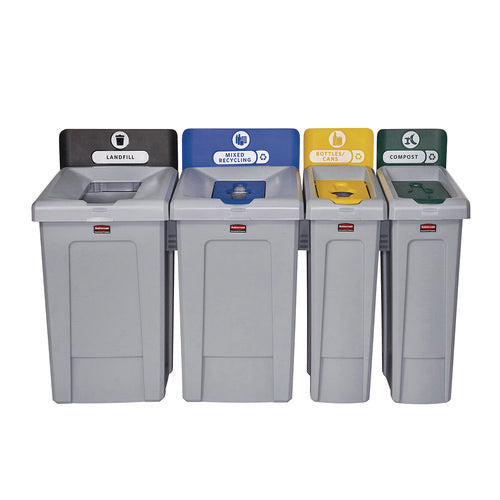 Image of Rubbermaid® Commercial Slim Jim Recycling Station Kit, 1-Stream Bottles and Cans, 23 gal, Plastic, Yellow/Gray