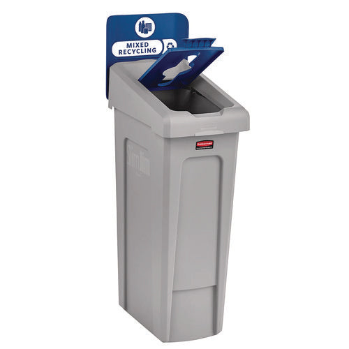 Image of Rubbermaid® Commercial Slim Jim Recycling Station Kit, 1-Stream Mixed Recycling, 23 gal, Plastic, Gray/Blue