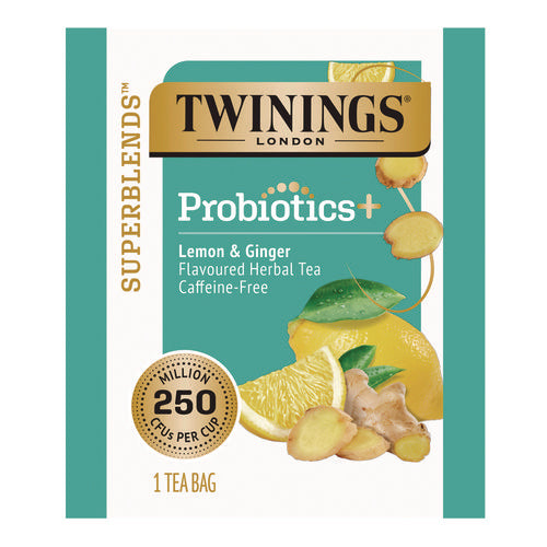 Image of TWININGS® Probiotics Lemon and Ginger Herbal Tea Bags, 0.05 oz, 18/Box