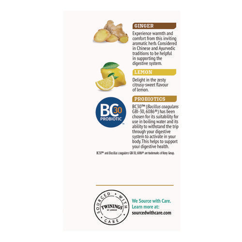 Image of TWININGS® Probiotics Lemon and Ginger Herbal Tea Bags, 0.05 oz, 18/Box