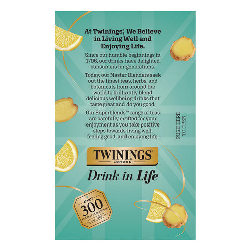 Image of TWININGS® Probiotics Lemon and Ginger Herbal Tea Bags, 0.05 oz, 18/Box