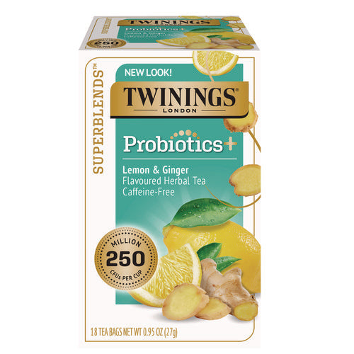 Image of TWININGS® Probiotics Lemon and Ginger Herbal Tea Bags, 0.05 oz, 18/Box