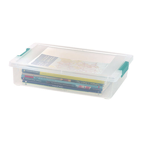 Image of IRIS Latch Lid Storage Box, 2.3 gal, 14 x 11 x 3.5, Clear Bin/Seafoam Latches