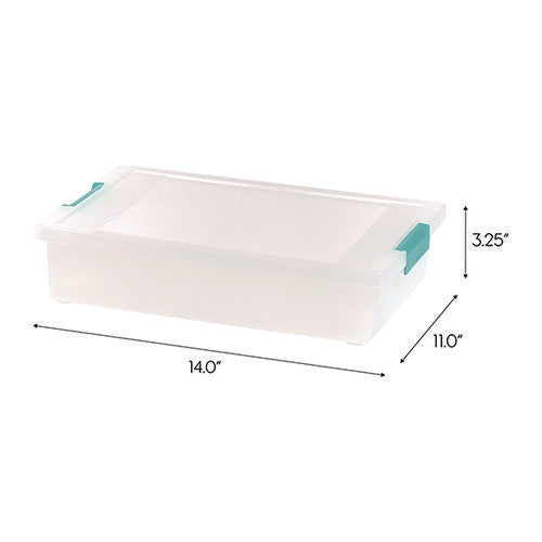 Image of IRIS Latch Lid Storage Box, 2.3 gal, 14 x 11 x 3.5, Clear Bin/Seafoam Latches