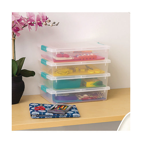 Image of IRIS Latch Lid Storage Box, 2.3 gal, 14 x 11 x 3.5, Clear Bin/Seafoam Latches