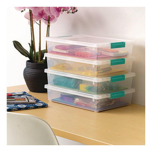 Image of IRIS Latch Lid Storage Box, 2.3 gal, 14 x 11 x 3.5, Clear Bin/Seafoam Latches