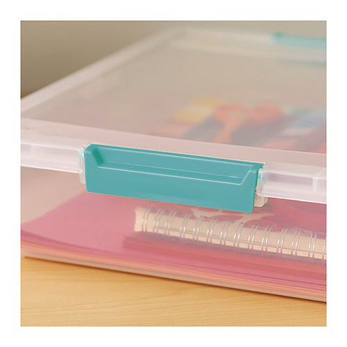 Image of IRIS Latch Lid Storage Box, 2.3 gal, 14 x 11 x 3.5, Clear Bin/Seafoam Latches