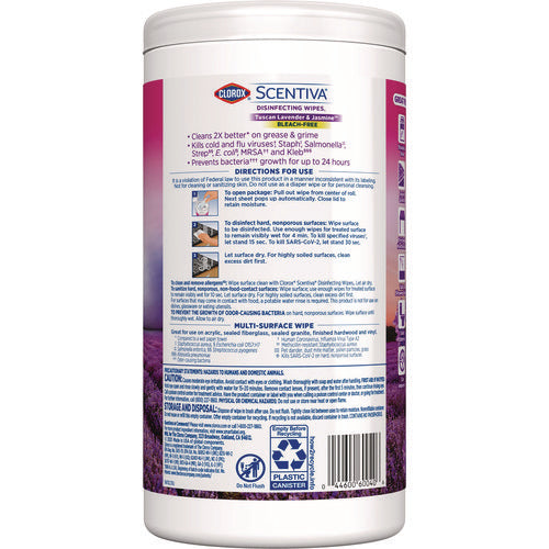 Image of Clorox® Scentiva Bleach Free Cleaning Wipes, 7.75 x 7, Tuscan Lavender and Jasmine, 75/Canister