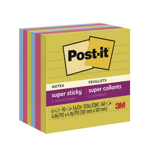Image of Post-it® Notes Super Sticky Note Pads in Summer Joy Color Collection Colors, 4" x 4", Note Ruled, 90 Sheets/Pad, 6 Pads/Pack