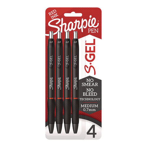 Image of Sharpie® S-Gel S-Gel Gel Pen, Retractable, Medium 0.7 mm, Red Ink, Black Barrel, 4/Pack