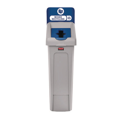 Image of Rubbermaid® Commercial Slim Jim Recycling Station Kit, 1-Stream Mixed Recycling, 23 gal, Plastic, Gray/Blue