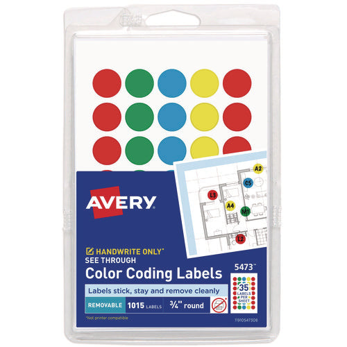 Image of Avery® Handwrite-Only Self-Adhesive "See Through" Removable Round Color Dots, 0.75" dia, Assorted, 35/Sheet, 29 Sheets/Pack, (5473)
