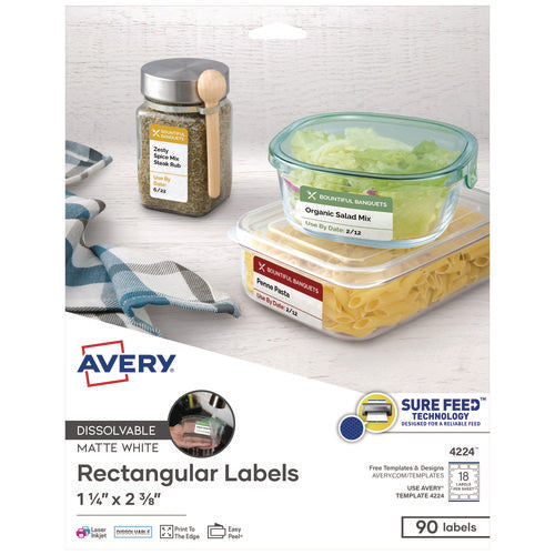 Image of Avery® White Dissolvable Labels w/ Sure Feed, 1.25 x 2.38, White, 90/PK