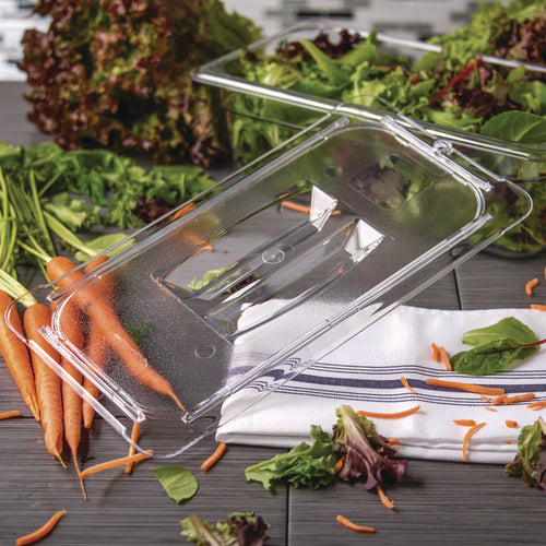 Image of Carlisle StorPlus Polycarbonate Handled Universal Lid, 7 x 12.5 x 0.88, Clear, Plastic