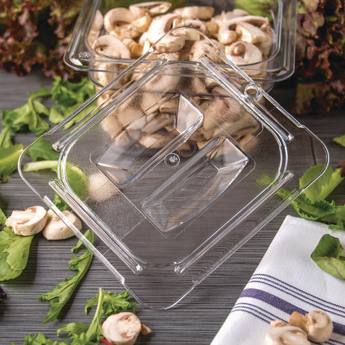 Image of Carlisle StorPlus Polycarbonate Handled Universal Lid, 6.31 x 6.88 x 0.88, Clear, Plastic