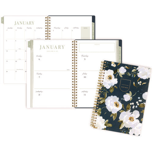 Image of Cambridge® Leah Bisch Weekly/Monthly Floral Planner, Floral Artwork, 8.5" x 6.38", Blue/White/Gold Cover, 12-Month (Jan to Dec): 2025