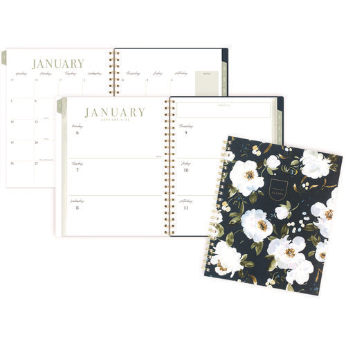 Image of Cambridge® Leah Bisch Weekly/Monthly Floral Planner, Floral Artwork, 11" x 9.25", Blue/White/Gold Cover, 12-Month (Jan to Dec): 2025