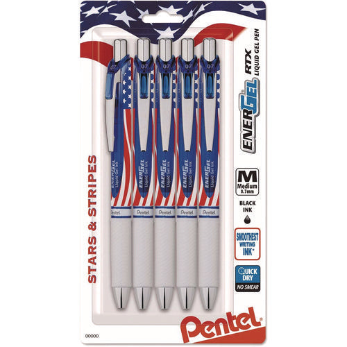 Image of Pentel® EnerGel RTX Gel Pen, Retractable, Medium 0.7 mm, Black Ink, Stars and Stripes Metallic Red Barrel, 5/Pack