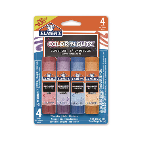 Image of Elmer's® Glitter Glue Sticks, 0.21 oz, Applies Assorted Colors, Dries Clear Glitter, 4/Pack
