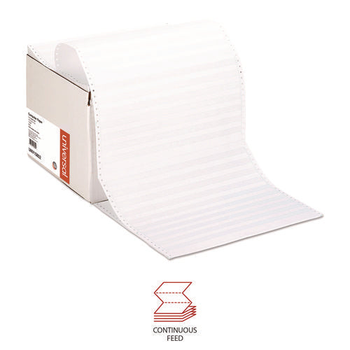 Image of Universal® Printout Paper, 1-Part, 20 lb Bond Weight, 14.88 x 11, White/Green Bar, 2,400/Carton