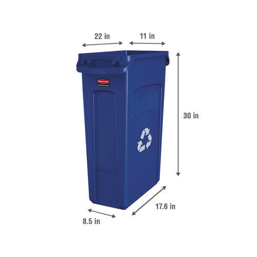 Image of Rubbermaid® Commercial Slim Jim Plastic Recycling Container with Venting Channels, 23 gal, Plastic, Blue