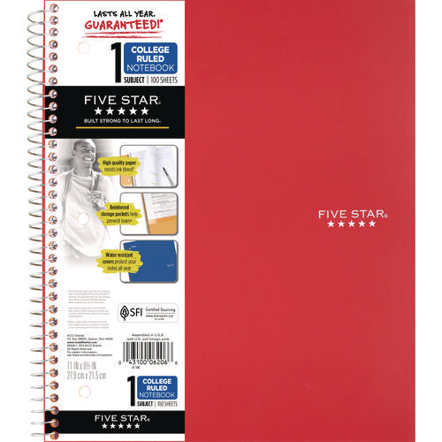 Image of Five Star® Wirebound Notebook, 1-Subject, Medium/College Rule, Red Cover, (100) 11 x 8.5 Sheets