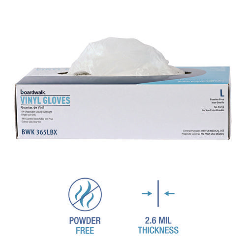 Image of Boardwalk® General Purpose Vinyl Gloves, Powder/Latex-Free, 2.6 mil, Large, Clear, 100/Box, 10 Boxes/Carton
