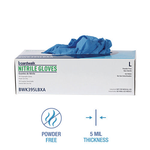 Image of Boardwalk® Disposable General-Purpose Powder-Free Nitrile Gloves, Large, Blue, 5 mil, 100/Box