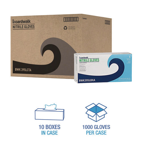 Image of Boardwalk® Disposable Powder-Free Nitrile Gloves, Large, Blue, 5 mil, 100/Box, 10 Boxes/Carton