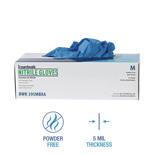Image of Boardwalk® Disposable Powder-Free Nitrile Gloves, Medium, Blue, 5 mil, 100/Box