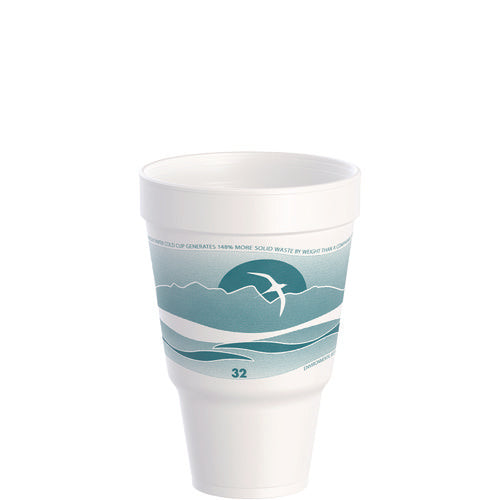 Image of Dart® J Cup Insulated Foam Pedestal Cups, 32 oz, White/Teal, 25/Sleeve, 20 Sleeves/Carton