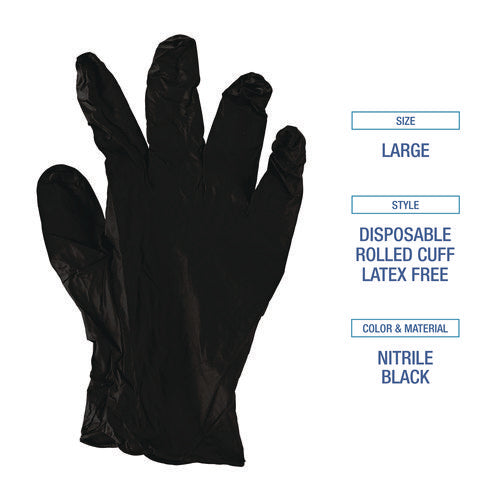 Image of Boardwalk® Disposable General-Purpose Powder-Free Nitrile Gloves, Large, Black, 4.4 mil, 100/Box, 10 Boxes/Carton